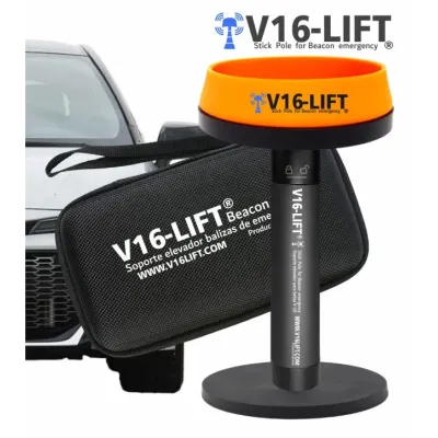 soporte extensible V16lift para balizas V16 compuesto por stick,base baliza ,plataforma imantada y estuche