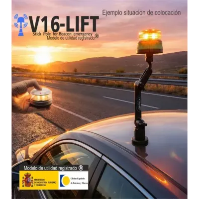 soporte extensible V16lift para balizas V16 compuesto por stick,base baliza ,plataforma imantada y estuche