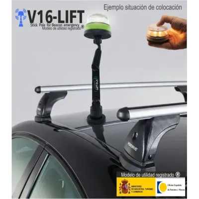 soporte extensible V16lift para balizas V16 compuesto por stick,base baliza ,plataforma imantada y estuche