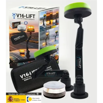 soporte extensible V16lift para balizas V16 compuesto por stick,base baliza ,base imantada , estuche y baliza V16