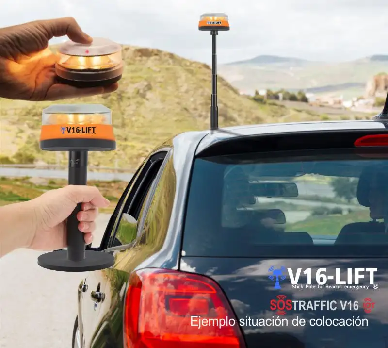 banner colocacion soporte extensible v16lift para baliza v16 luz de emergencias v16 dgt vehiculos coche camiones motos decimo