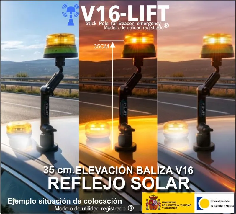 banner colocacion soporte extensible v16lift para baliza v16 luz de emergencias v16 dgt vehiculos coche camiones motos primero