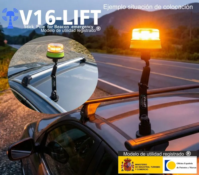 banner colocacion soporte extensible v16lift para baliza v16 luz de emergencias v16 dgt vehiculos coche camiones motos tercero