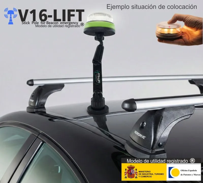 banner colocacion soporte extensible v16lift para baliza v16 luz de emergencias v16 dgt vehiculos coche camiones motos cuarto