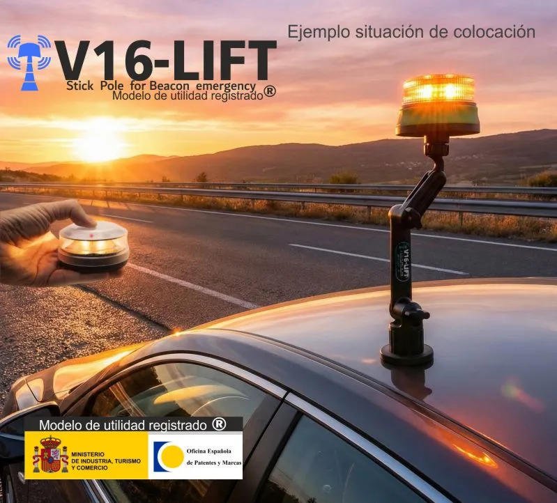 banner colocacion soporte extensible v16lift para baliza v16 luz de emergencias v16 dgt vehiculos coche camiones motos noveno