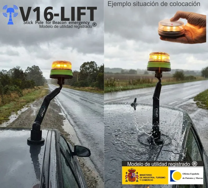 banner colocacion soporte extensible v16lift para baliza v16 luz de emergencias v16 dgt vehiculos coche camiones motos octavo